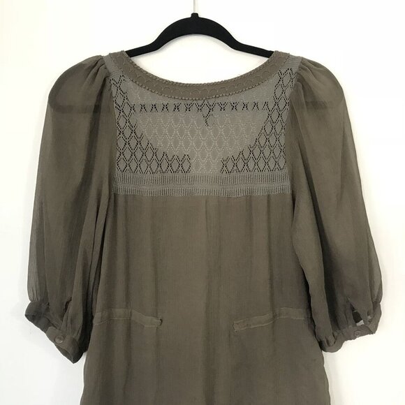 Free People XS Sheer Brown Peasant Boho Mini Shift Dress Embroidered Crochet - Picture 9 of 13